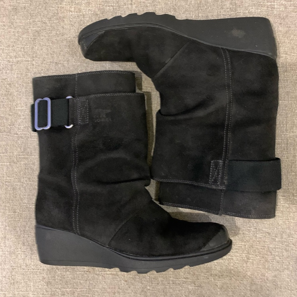 Sorel Waterproof Suede Wedge Boots Black Winter Snow Boot Size 8.5